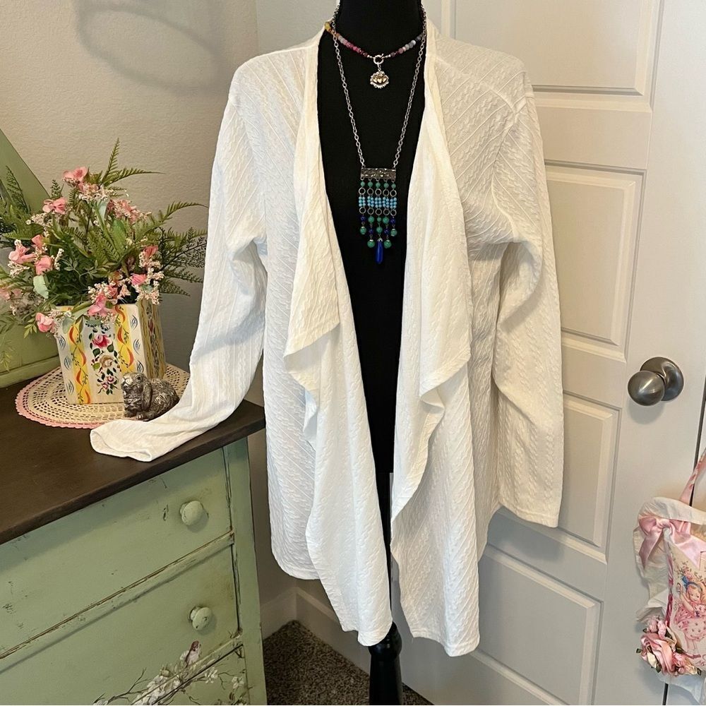 Le Moda NWT Ivory Knit‎ Drape Open Front Sweater Cardigan Sz L Cracker Barrel